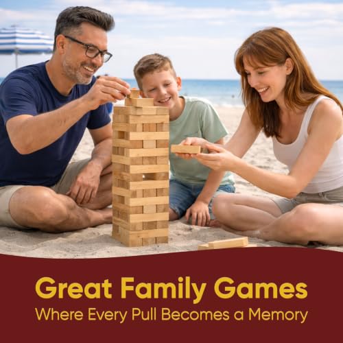 Giant Stacking Tower Game - Stacks Up to 5FT - Premium Wooden Blocks Stacking Tower Game for Family Party, BBQ & Lawn Games - Natural - color: Natural