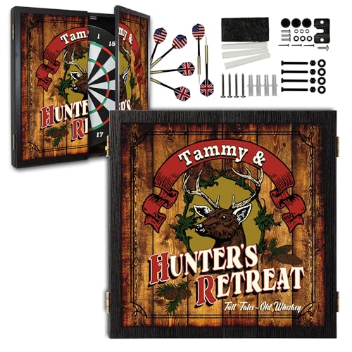 Personalized Dart Board Cabinet Set with 6 Steel Tip Darts, Paper Dartboard, Chalk & Eraser (21.5 x 21.5 x 2.75) - Man Cave Dart Boards for Adults - style: Hunter's Retreat
