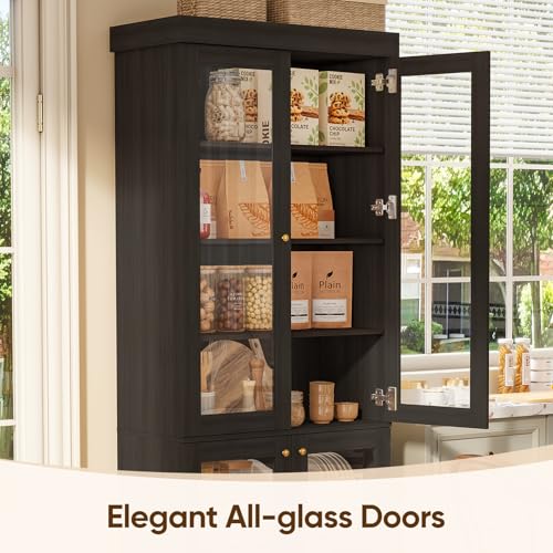 Vyre 70.8" Tall Black Bookshelf with Glass Doors, Farmhouse Modular Bookcase with 6-Tier Adjustable Shelves, Large Storage Cabinet for Home Office, Living Room, Set of 2 - color: Black