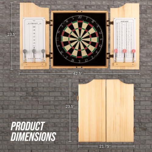 Dart Board Cabinet Set - Natural Pinewood Cabinet with Self-Healing Sisal Dartboard, 6 Steel Tip Darts, Dart Holders, Scoreboard, and Out Chart - Man Cave, Bar or Game Room Decor by Trademark Gameroom