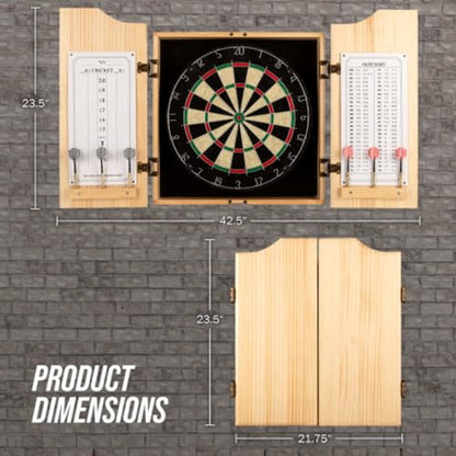 Dart Board Cabinet Set - Natural Pinewood Cabinet with Self-Healing Sisal Dartboard, 6 Steel Tip Darts, Dart Holders, Scoreboard, and Out Chart - Man Cave, Bar or Game Room Decor by Trademark Gameroom