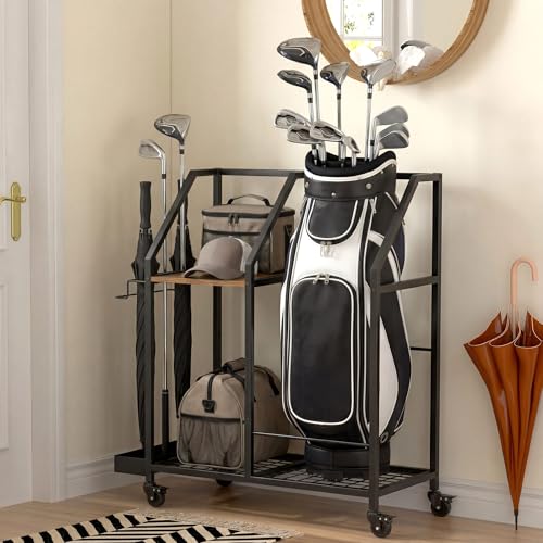 Golf Storage Organizer for Garage,Golf Bag Storage Rack | Smooth Rolling Wheels, Multi Storage Zones, Holds Golf Bags & Clubs, Heavy-Duty Frame, Space-Saving Garage Organizer