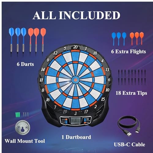 Electronic Dart Board - Professional Dart Board with Digital Scoreboard, LED Display, Soft Tip Darts & Electric Dartboards for Adults, USB-C Power