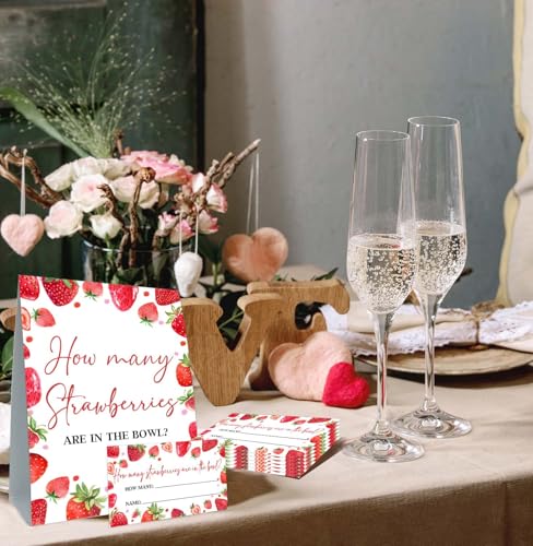Strawberry Baby Shower Games, Strawberry Decorations for Bridal Shower, Guess How Many Strawberries Are in the Jar, Party Games & Activities 50 Cards and Sign - size: 5" x 7"