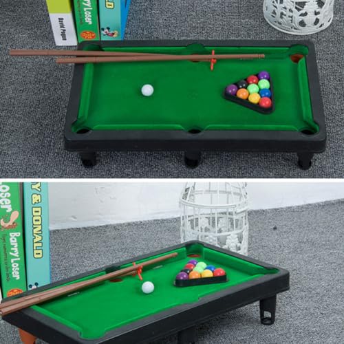1Set Mini Tabletop Pool Set Small Billiards Game Includes Game Balls, Sticks and Triangle Rack Travel Friendly Office Desk Games for The Whole Family