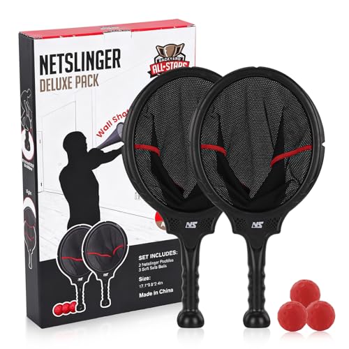 Slingshot Scoop Ball Set - Family Party Game, Play Solo or with 2 Players, Indoor & Outdoor Sports Toy for Adults & Teens, Includes 2 Netslinger Rackets, 3 Balls