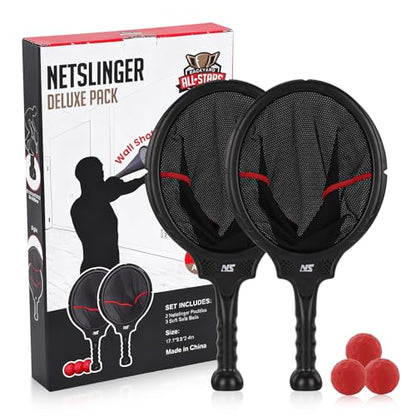 Slingshot Scoop Ball Set - Family Party Game, Play Solo or with 2 Players, Indoor & Outdoor Sports Toy for Adults & Teens, Includes 2 Netslinger Rackets, 3 Balls