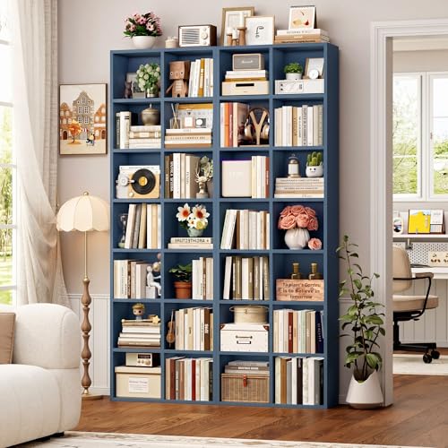 FOTOSOK 71'' Tall Bookshelf with 14 Cubes, 7 Tier Double Wide Bookshelf with 6 Adjustable Shelves, 19.6" Narrow Bookcase DVD/CD Media Storage Shelf, Space Saving Display Shelf Cabinet, Blue - color: Blue