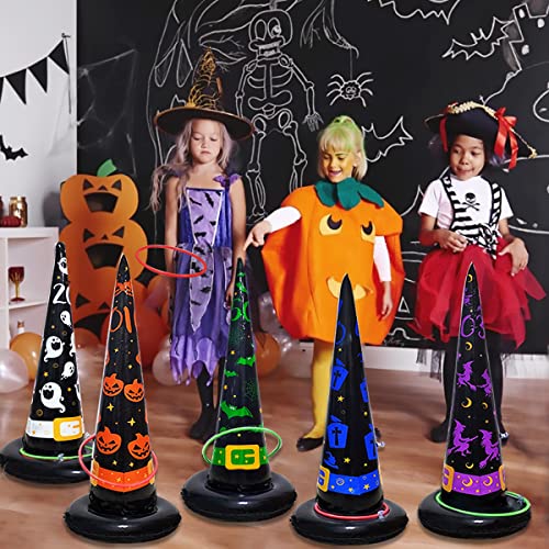 Poptrend 5PK Halloween Toys Halloween Games Inflatable Witch Hat Ring Toss Game, Inflatable Ring Toss Game with Air Pump. Games Toys for Kids Adults, Halloween Decorations (Witch Hat, 5PK)