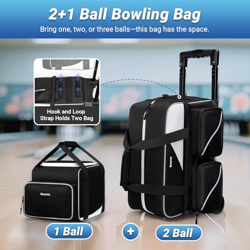 Bosynoy 3 Ball Bowling Bags with Wheels, Single Ball Tote+2 Ball Bowling Bag with Shoe Compartment (Up to US Men Size 16), Bowling Ball Bag 3 Ball Roller with Insulated Pockets, Black