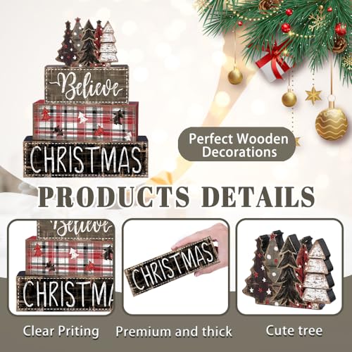 DIYDEC 4Pcs Christmas Table Decoration Christmas Tree Wooden Block Sign Xmas Tiered Tray Decor Winter Centerpiece Decorative Sign for Holiday Tabletop Coffee Fireplace Shelf Desk Party Decor - style: Black Tree