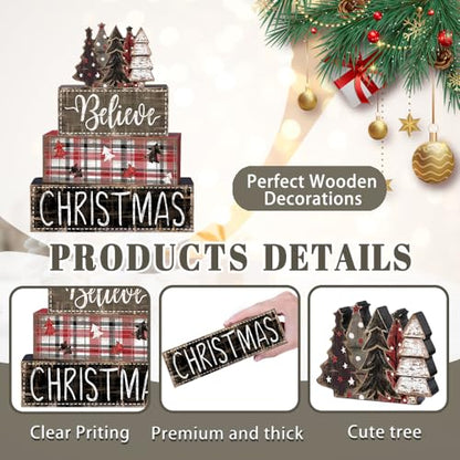 DIYDEC 4Pcs Christmas Table Decoration Christmas Tree Wooden Block Sign Xmas Tiered Tray Decor Winter Centerpiece Decorative Sign for Holiday Tabletop Coffee Fireplace Shelf Desk Party Decor - style: Black Tree