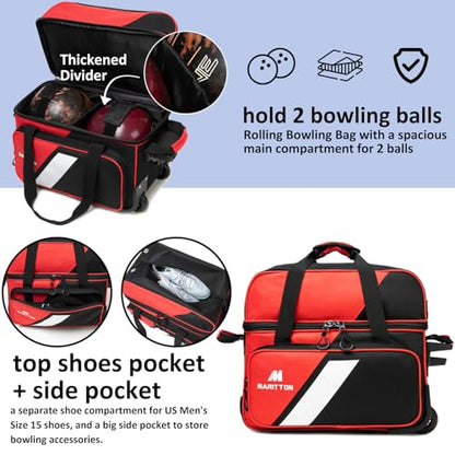 Bowling Bag with Wheels Double Roller 2 Ball Bowling Separate Shoe Compartment and Oversized Accessory Pocket, 36.6" Extendable Handle. - color: RED