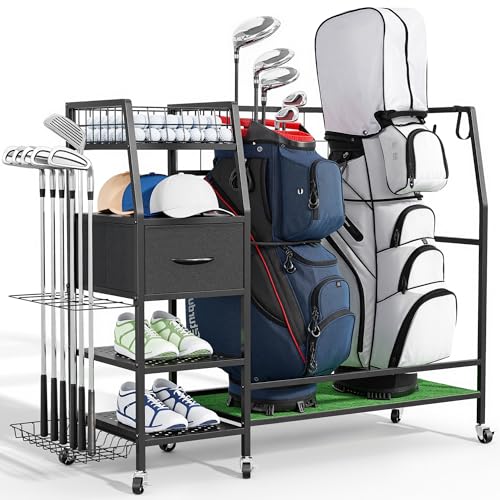 Golf Bag Organizer Storage Rack, Rolling Golf Storage Organizer for Garage, Golf Equipment Holder with Wheels, Turf Mat, Carbon Steel - size: 43.3 in (L) x 15.8 in (W) x 37.4 in (H)