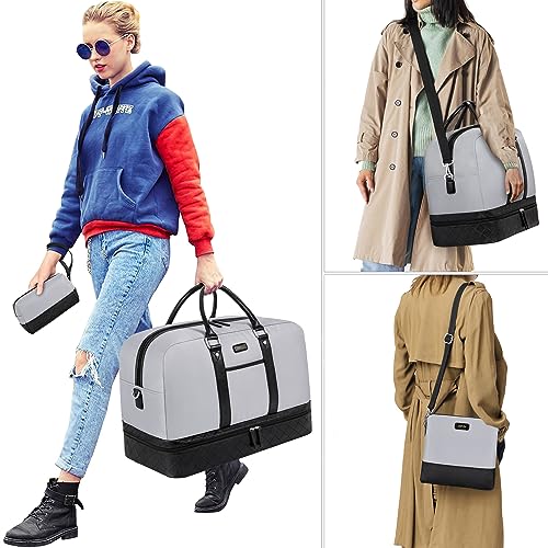 Weekender Bag for Women, Large Overnight Bag Canvas Travel Duffel Bag Carry On Tote with Shoe Compartment 21" 3Pcs Set - color: A19-black+dark Grey