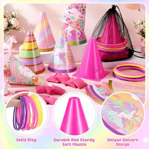 RoundFunny 12set 3 in 1 Ring Toss Game Set, Carnival Game Kit with Cones, Rings, Bean Bags & Storage Bag, Includes Unicorn Decorations for DIY Toss Games, Birthday Party, Easter, Carnival - style: Unicorn