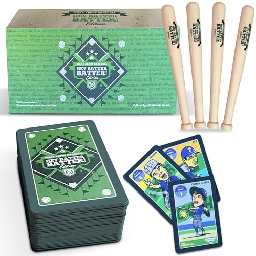 Grandma Smiley's Hey Batter Batter, Baseball Card Games for Kids 8-12, Card Games for Adults and Families, Family Card Games - 2-5 Players, 52 Custom Cards, 4 Mini Baseball Bats - Made in The USA