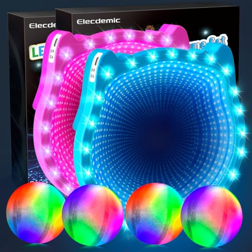 2 Paddles(Pink+Blue) + 4 Balls 3D LED Light Up Toss Catch Ball Game Set Toys for Back Yard Outdoor Party Favors Baseball Gift Age 3-12 Years Old Girls Boy Kid Family Adult