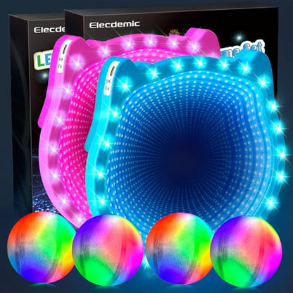 2 Paddles(Pink+Blue) + 4 Balls 3D LED Light Up Toss Catch Ball Game Set Toys for Back Yard Outdoor Party Favors Baseball Gift Age 3-12 Years Old Girls Boy Kid Family Adult