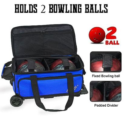 WOLT Double Roller 2 Ball Bowling Bag with Separate Shoe Compartment, Large Capacity Bowling Ball Bag with Accessory Pocket, Retractable Handle Extends to 40" - color: Blue