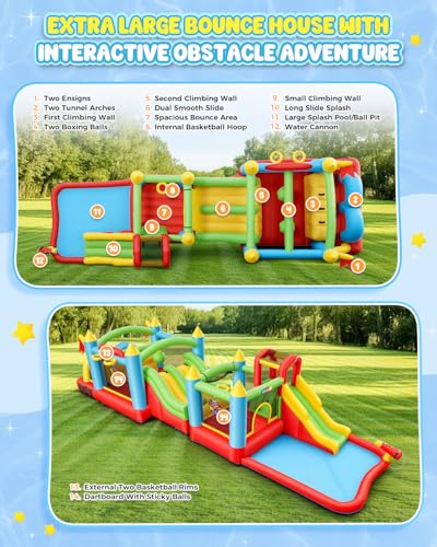 Whubefy Giant 29FT Bounce House Water Slide for Kids 3-12, Huge Sectional Obstacle Course Bouncy Castle with Slides/Tunnels/Climbing Walls/Jumping Area/Obstacles/Splash Pool/Basketball Hoops/Dartboard - style: 550+370W Blower