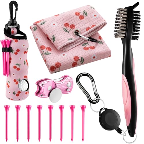 Liliful 12 Pcs Golf Accessories Kit, Include Golf Ball Bag with Hook Towel Tees Magnetic Ball Marker Divot Tool Cleaner Brush for Women Man Gifts - color: Pink, style: Cherry