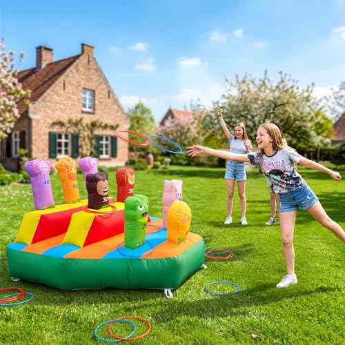 6FT Inflatable Ring Toss Game with 20 Rings & Built-in Blower, Inflatable Carnival Toss Game for Backyard, Camping, Event, Family Party