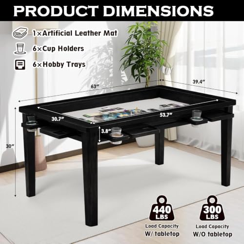 Haddockway 63" ×39“ Board Game Table with Removable Top, Solid Wood Dining/Gaming Table for 4-6 Players with Play Mat, 6 Detachable Cup Holders & 6 Hobby Trays (Black) - color: Black