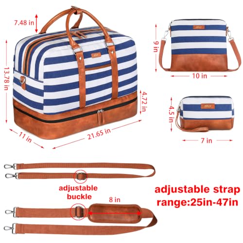 Weekender Bag for Women, Large Overnight Bag Canvas Travel Duffel Bag Carry On Tote with Shoe Compartment 21" 3Pcs Set - color: A14-brown+blue & white stripes