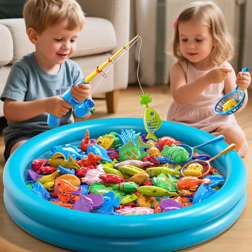 Magnetic Fishing Game Toys for Kids Toddlers 3-5 4-8, Water Table Bathtub Toys with Inflatable Pool Pole Rod Net Floating Fish, Water Bath Pool Outdoor Toys for Boys Girls Age 3 4 5 6 7 8 Year Old - style: 3 rods 3 nets 44 fish