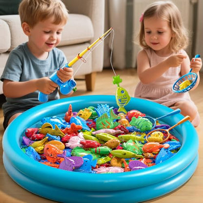 Magnetic Fishing Game Toys for Kids Toddlers 3-5 4-8, Water Table Bathtub Toys with Inflatable Pool Pole Rod Net Floating Fish, Water Bath Pool Outdoor Toys for Boys Girls Age 3 4 5 6 7 8 Year Old - style: 3 rods 3 nets 44 fish
