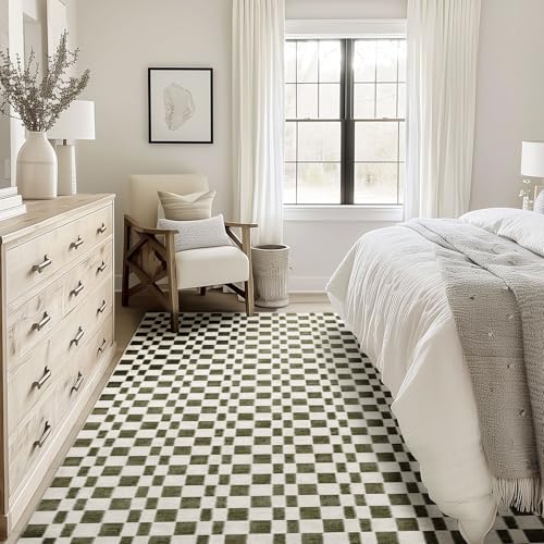 EVERGRACE Checkered Plaid Area Rug 9x12, Soft Faux Wool Rugs Washable Anti Slip Rugs Large Rug Carpet for Entryway Bedroom Living Room Hallway Kitchen Dining Room and Laundry Room, Olive Green - color: Olive Green, size: 9' x 12' (Rectangular)