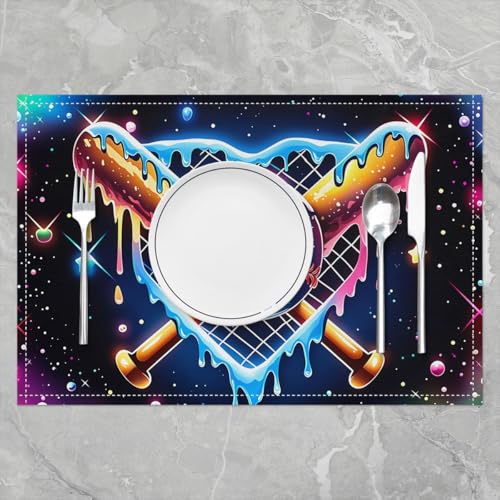 jejeloiu Baseball Placemats Set of 4 12x18 Inch Ice Cream Drip Donut Sprinkles Table Mats for Kitchen Holiday Brown Baseball Bat Place Mat for Dinner Table Indoor Non-Slip Easy to Clean Washable - color: Brown Blue
