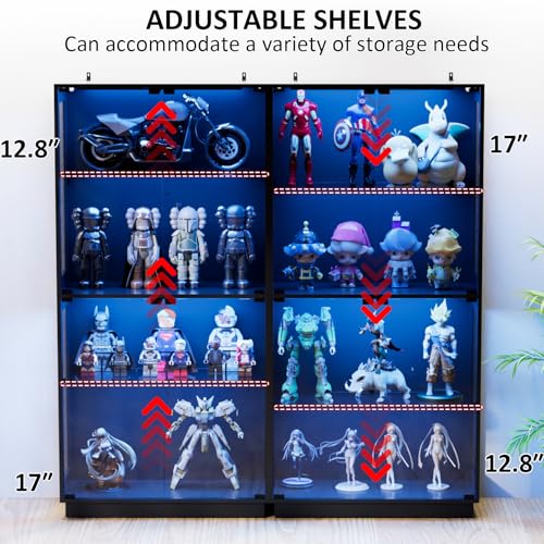 Display Cabinet with Glass Doors 4 Tier Glass Display Case with RGB LED Lights Display Cases for Collectibles Adjustable Shelves Display Case, for Game Room, Living Room, Bedroom, Black - color: Black