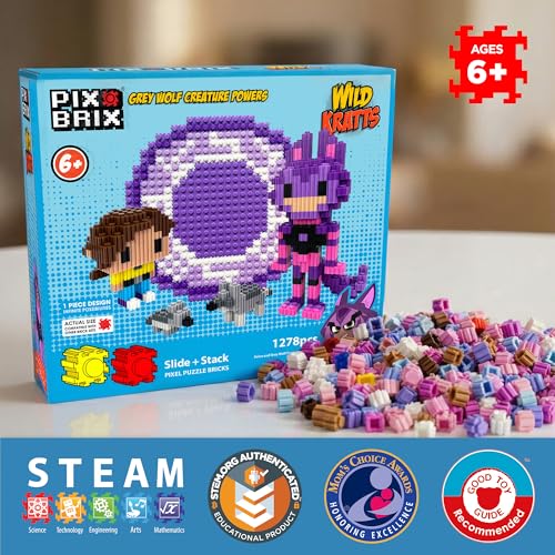 Pix Brix - Wild Kratts Toys Pixel Art Kit - Grey Wolf, 1278 Pieces - Patented Slide + Stack Pixel Puzzle Building Bricks, Build & Collect Wild Kratts Animals - Stem Toys, Ages 6 Plus - style: Grey Wolf