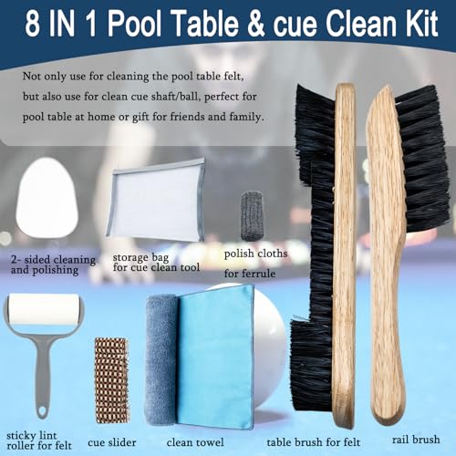 Pool Table Brush for Felt, Pool Table Cleaning Kit with Pool Cue Shaft Cleaning, Pool Cue Smoother and Burnisher, Cloth and Pool Stick Slicker, Ferrule Polishing Cotton Billiard Pool Accessories