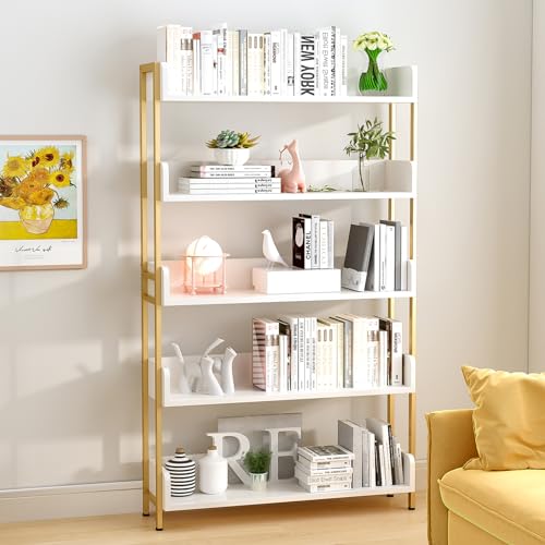OSCHF Wide Open Shelf Bookcase - Modern 5-Tier Freestanding Display Bookshelf with Three-Side Panels for Home and Office, Storage Shelving in Warm White with Gold Frame - color: Gold + White, size: 5-Tier