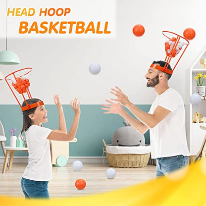 Head Hoop Basketball Party Game Set for Kid Adult Carnival Game Portable Adjustable Basket Net Headband with Balls for Birthday Carnival Office Indoor Outdoor Activity Fun Gift Back to School