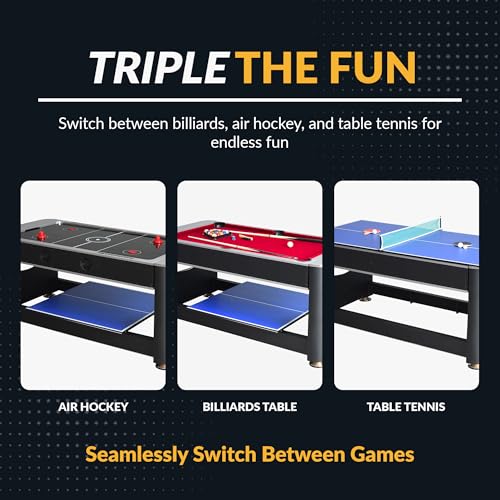 Hathaway Triple Threat Multi Game Table – Space-Saving Rotating Playfield for 6ft Pool Table, Air Hockey Table, & Table Tennis - 3 in 1 Game Table with Complete Accessories & Display Rack