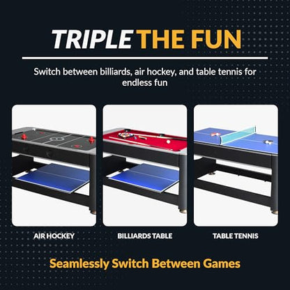 Hathaway Triple Threat Multi Game Table – Space-Saving Rotating Playfield for 6ft Pool Table, Air Hockey Table, & Table Tennis - 3 in 1 Game Table with Complete Accessories & Display Rack