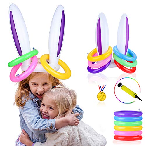 Hoshin 2 Set Inflatable Bunny Ears Ring Toss Game (2 Rabbit-Ear Hats with 12 Ring Toss, 1 Medal and 1 Hand-held Pump) - Great Family Easter Party Games
