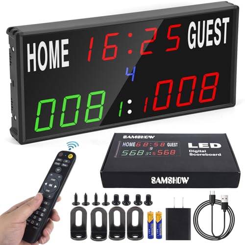 Samshow 2025 LED Electronic Scoreboard Digital Score Keeper with Remote, Basketball Scoreboard with Shot Clock & Timer & 12/24h Real Time for Football/Corn Hole/ping Pong/Table Tennis - style: 2025 6 digital led scoreboard-no tripod