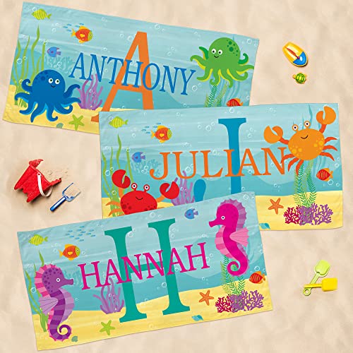 Let's Make Memories Personalized Kids Beach Towel - Custom Monogram & Name with Fun Beach Designs - Soft Cotton/Poly Blend - 60"x30" - Name and Initial Monogram - Standard Size - Crab - color: Name + Initial - Crab, size: Standard