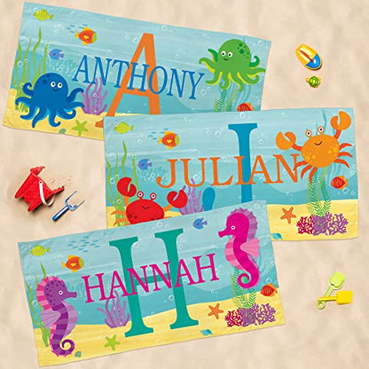 Let's Make Memories Personalized Kids Beach Towel - Custom Pool Towel - Monogram & Name with Fun Beach Designs - Soft Cotton/Poly Blend - 70"x35" - Oversized - Crab - color: Name + Initial - Crab, size: Oversized