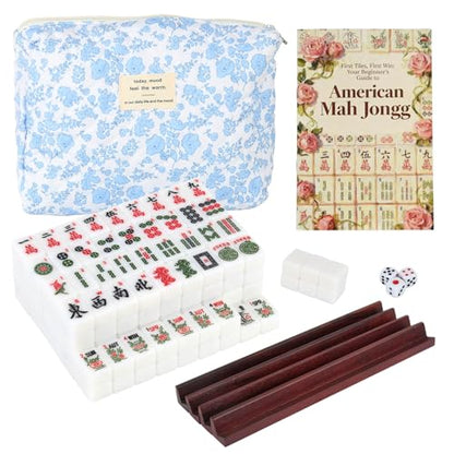 Travel American Mahjong Tile Set, 166 PCS 0.8 Inch Mini Mahjong Game Tiles, 4 Wooden Racks, Floral Storage Bag, 3 Dice & Beginner's Guide, Complete Portable Set