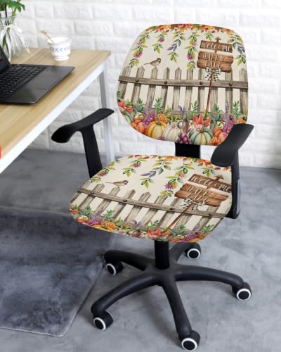 Savannan Office Chair Cover, Fall Maple Leaf Thanksgiving Pumpkin Protective Stretch Elastic Universal Cover for Desk Task Chair,Computer Rotating Chair 1 Pcs Farm Fence Retro Linen