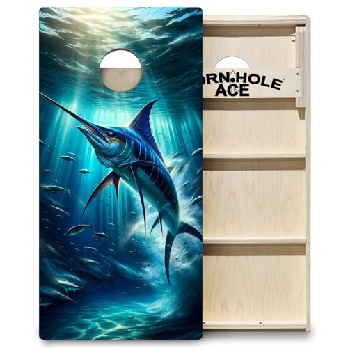 CornholeAce ACE PRO Outdoor, Space, & Underwater Professional Cornhole Boards - No Bounce! Triple Wide Legs, 3/4" Baltic Birch Plywood, Handles, Regulation Size (4x2ft), Tournament Style, Made in USA - color: Marlin Majesty, style: Underwater