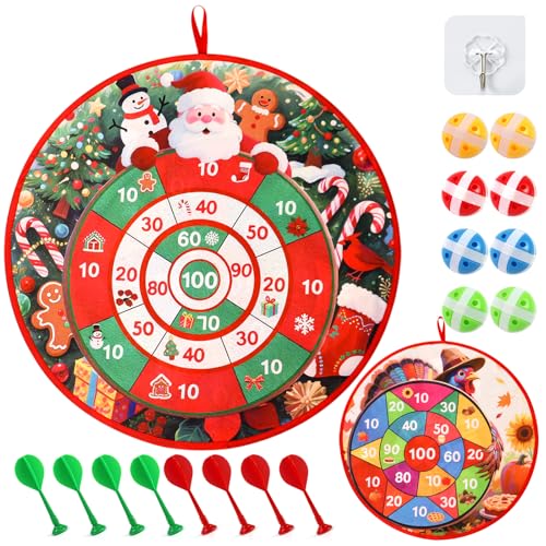 Christmas Games Santa Claus Dart Board for Family, Kids Adults with 8 Sticky Balls and 8 Darts, XMAS Activities Game,Indoor Outdoor Toys Party Favors Gifts (Double Sided Target Christmas&Thanksgiving)