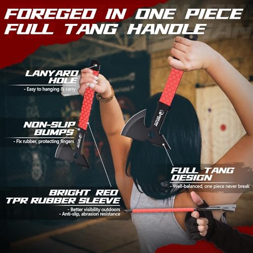 Dream Reach Throwing Axe Set - 3PCS Full Tang Throwing Hatchets with TPR Rubber Sleeve and Protective Sheaths for Recreation and Competition - color: Red Set of 3