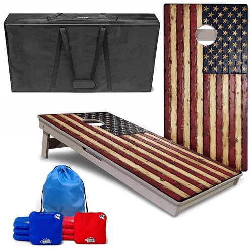 Cornhole Solutions PRO Tournament Cornhole Bundle – Regulation 4 ft x 2 ft Professional Set – ¾″ Baltic Birch Plywood – Folding Legs – UV Printed & Clear Coated - color: Carved Rustic Flag